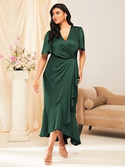 Lipsy Green Curve Flutter Sleeve Wrap Front Bridesmaid Maxi Dress - Image 3 of 4