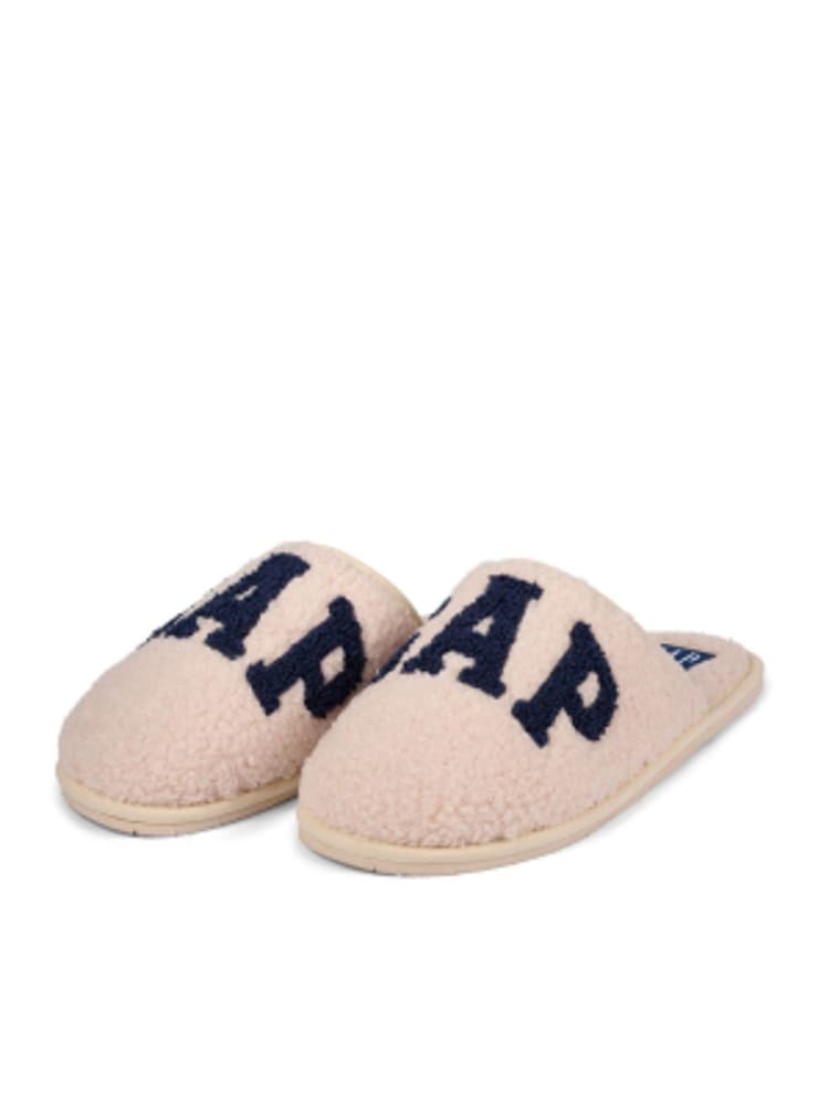 Gap Cream and Navy Blue Women's Plano Logo Borg Slippers - Image 1 of 5