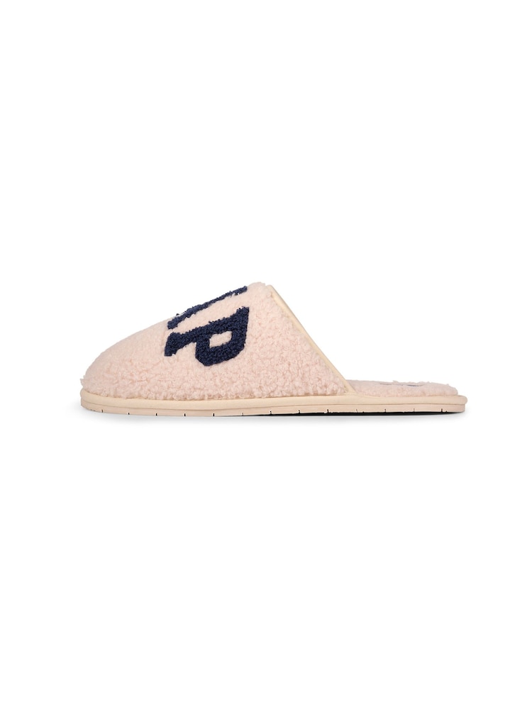 Gap Cream and Navy Blue Women's Plano Logo Borg Slippers - Image 2 of 5