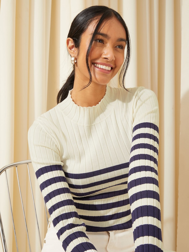 Friends Like These Navy Blue Ribbed Funnel Neck Jumper - Image 2 of 4 Friends Like These Navy Blue Ribbed Funnel Neck Jumper - Image 2 of 4