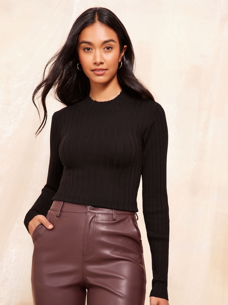 Friends Like These Black Ribbed Funnel Neck Jumper - Image 1 of 4 Friends Like These Black Ribbed Funnel Neck Jumper - Image 1 of 4