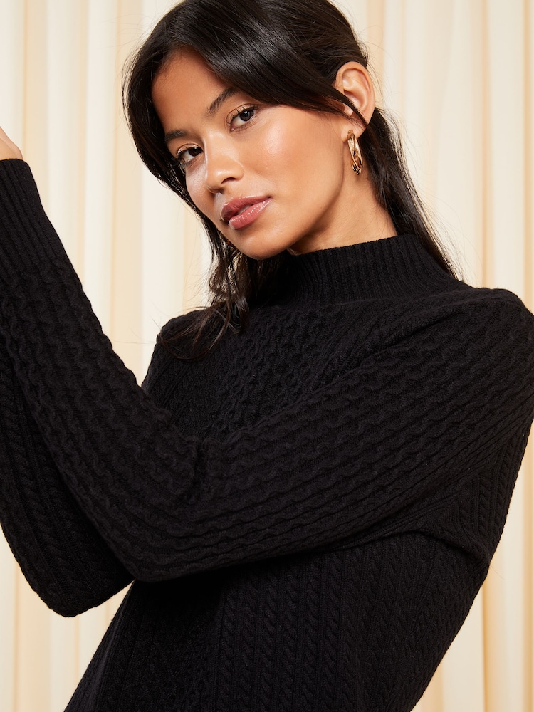 Friends Like These Black Petite Cable High Neck Knitted Dress - Image 2 of 4 Friends Like These Black Petite Cable High Neck Knitted Dress - Image 2 of 4