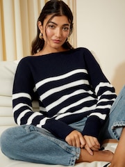 Friends Like These Navy Blue stripe Off The Shoulder Jumper - Image 3 of 4