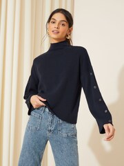Friends Like These Navy Blue Flute Sleeve Button Funnel Neck Knit Jumper - Image 1 of 4