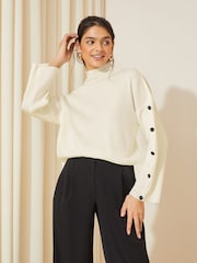 Friends Like These Cream Flute Sleeve Button Funnel Neck Knit Jumper - Image 1 of 4