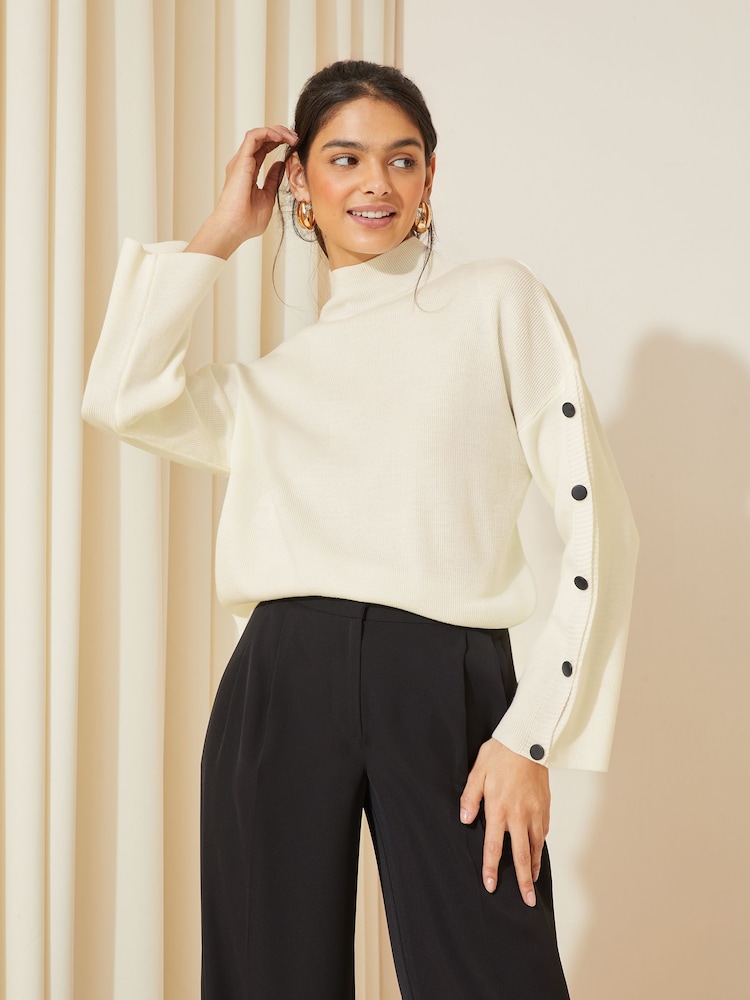 Friends Like These Cream Flute Sleeve Button Funnel Neck Knit Jumper - Image 1 of 4