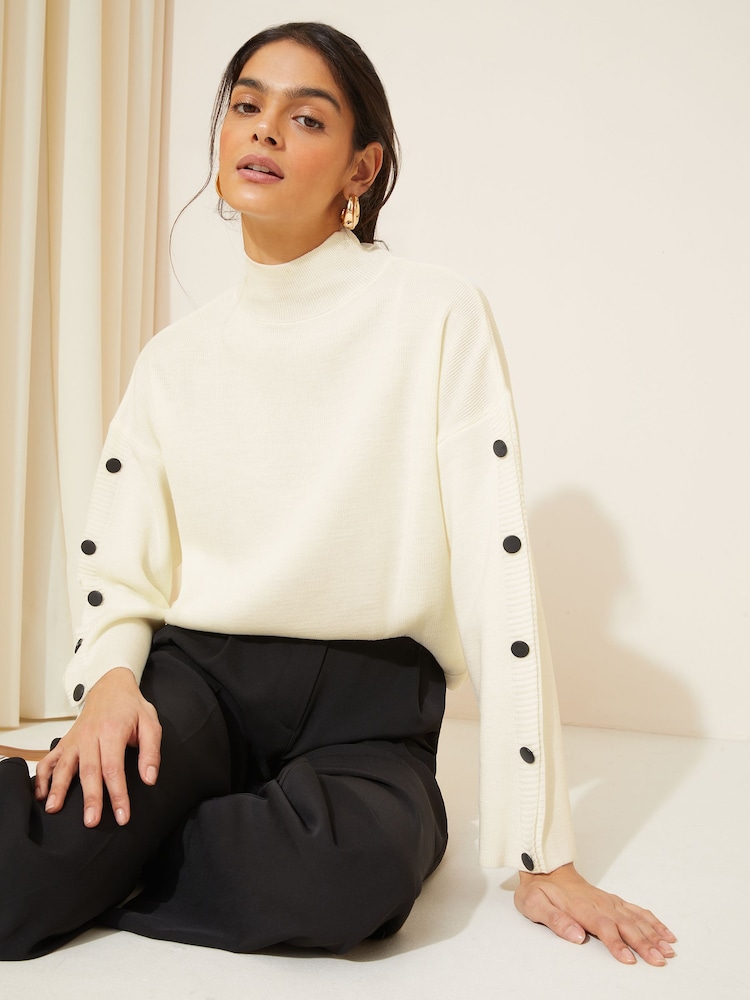 Friends Like These Cream Flute Sleeve Button Funnel Neck Knit Jumper - Image 2 of 4