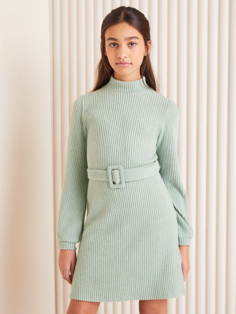Lipsy Sage Green Cosy Rib Belted Dress (5-16yrs) - Image 1 of 4