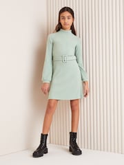 Lipsy Sage Green Cosy Rib Belted Dress (5-16yrs) - Image 3 of 4