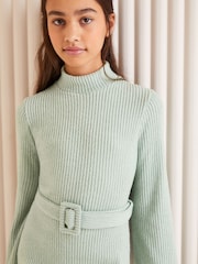 Lipsy Sage Green Cosy Rib Belted Dress (5-16yrs) - Image 4 of 4