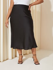 Curves Like These Black Curve Satin Bias Midi Skirt - Image 1 of 4