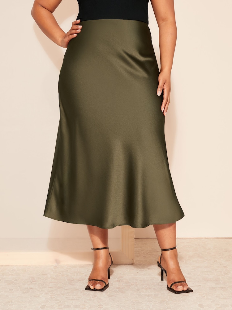 Friends Like These Green Curve Satin Bias Midi Skirt - Image 2 of 4