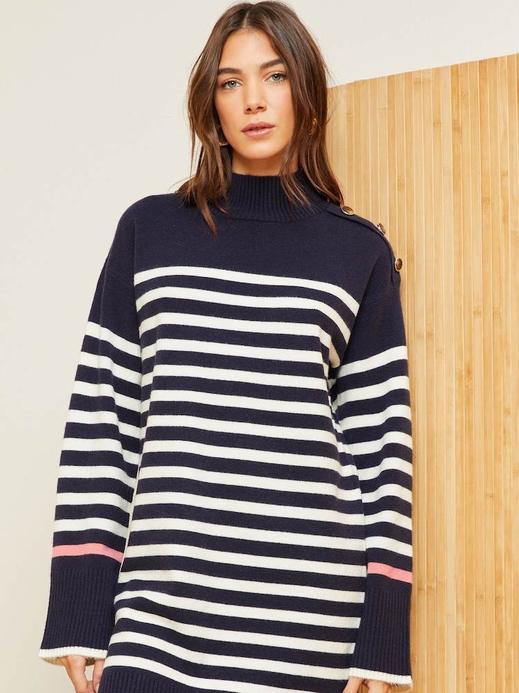 Love & Roses Navy Blue Cosy Funnel Neck Button Shoulder Knitted Dress - Image 1 of 4 Love & Roses Navy Blue Cosy Funnel Neck Button Shoulder Knitted Dress - Image 1 of 4