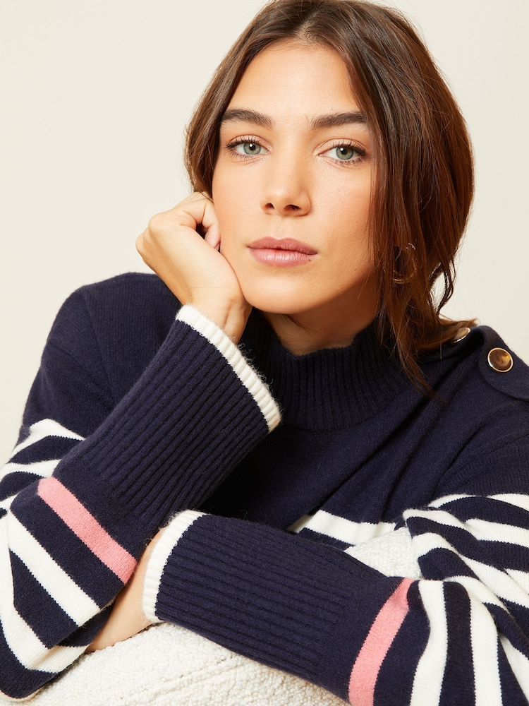 Love & Roses Navy Blue Cosy Funnel Neck Button Shoulder Knitted Dress - Image 2 of 4 Love & Roses Navy Blue Cosy Funnel Neck Button Shoulder Knitted Dress - Image 2 of 4
