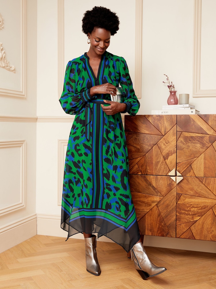 Love & Roses Green Animal Printed V Neck Belted Long Sleeve Midi Dress - Image 1 of 4 Love & Roses Green Animal Printed V Neck Belted Long Sleeve Midi Dress - Image 1 of 4