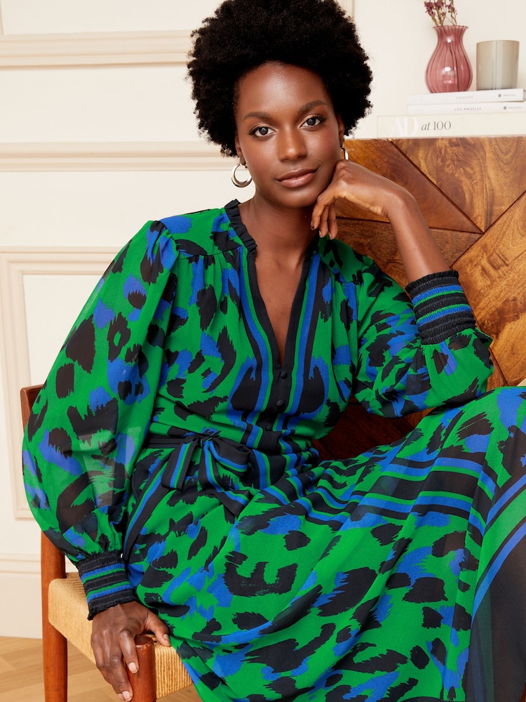 Love & Roses Green Animal Printed V Neck Belted Long Sleeve Midi Dress - Image 2 of 4 Love & Roses Green Animal Printed V Neck Belted Long Sleeve Midi Dress - Image 2 of 4