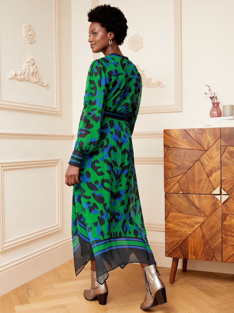 Love & Roses Green Animal Printed V Neck Belted Long Sleeve Midi Dress - Image 3 of 4
