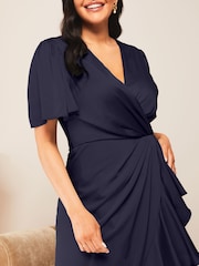 Lipsy Navy Curve Flutter Sleeve Wrap Front Bridesmaid Maxi Dress - Image 4 of 4
