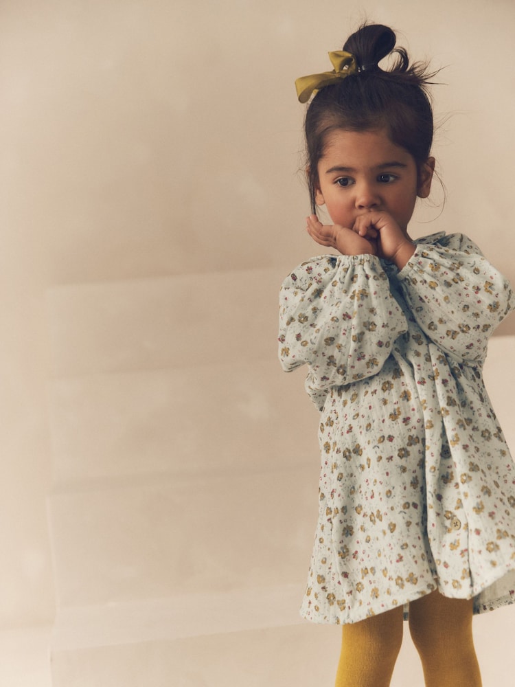 Blue Ditsy 100% Cotton Shirt Dress And Tights Set (3mths-8yrs) - Image 2 of 8