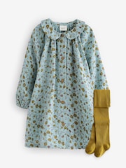 Blue Ditsy 100% Cotton Shirt Dress And Tights Set (3mths-8yrs) - Image 4 of 8