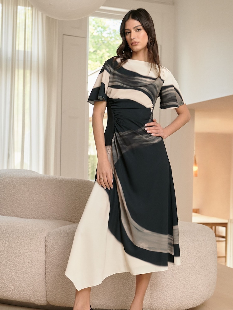Lipsy Cream and Black Print Ruched Asymmetricalmetrical Flutter Sleeve Midi Dress - Image 1 of 4 Lipsy Cream and Black Print Ruched Asymmetricalmetrical Flutter Sleeve Midi Dress - Image 1 of 4