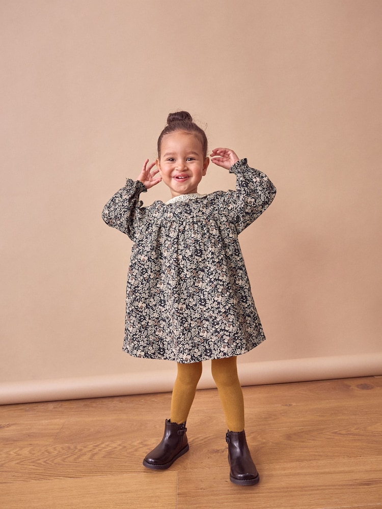 Black Ditsy 100% Cotton Lace Collar Dress And Tights Set (3mths-8yrs) - Image 1 of 10