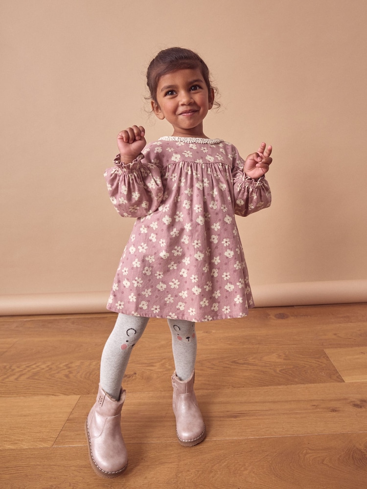 Lilac Purple Floral 100% Cotton Lace Collar Dress And Tights Set (3mths-8yrs) - Image 1 of 9