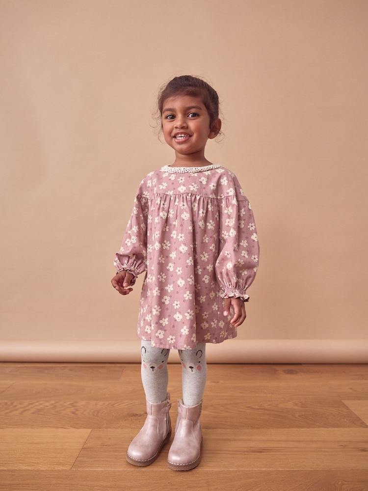 Lilac Purple Floral 100% Cotton Lace Collar Dress And Tights Set (3mths-8yrs) - Image 2 of 9