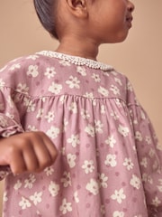 Lilac Purple Floral 100% Cotton Lace Collar Dress And Tights Set (3mths-8yrs) - Image 4 of 9