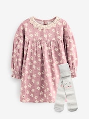 Lilac Purple Floral 100% Cotton Lace Collar Dress And Tights Set (3mths-8yrs) - Image 5 of 9