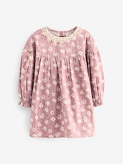 Lilac Purple Floral 100% Cotton Lace Collar Dress And Tights Set (3mths-8yrs) - Image 6 of 9