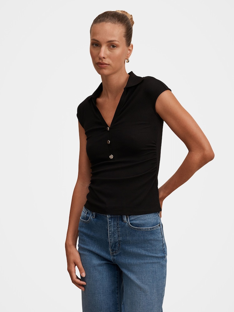 Forever New Black Winnie Extended Shoulder Polo Top - Image 1 of 5