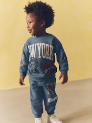Blue New York Varsity All Over Print Crew Neck Sweatshirt and Joggers Set (3mths-7yrs) - Image 1 of 8