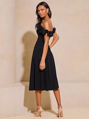 Black Ruffle Bardot Fit And Flare Midi Dress - Image 2 of 4