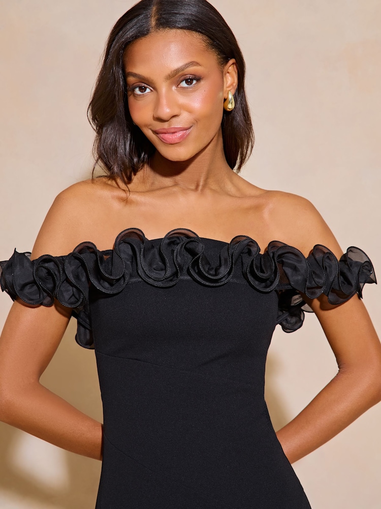 Black Ruffle Bardot Fit And Flare Midi Dress - Image 4 of 4