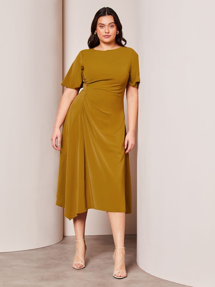 Lipsy Green Curve Ruched Asymmetrical Flutter Sleeve Midi Dress - Image 1 of 4
