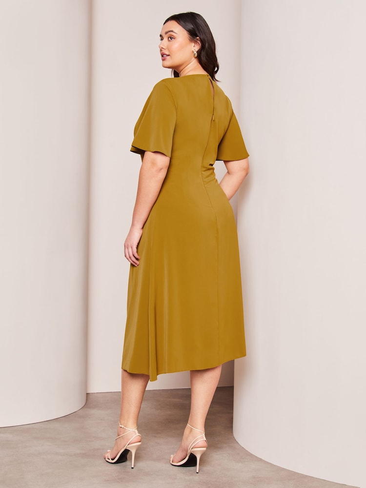 Lipsy Green Curve Ruched Asymmetrical Flutter Sleeve Midi Dress - Image 2 of 4