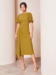 Lipsy Green Tall Ruched Asymmetricalmetrical Flutter Sleeve Midi Dress - Image 1 of 4
