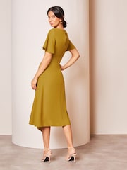 Lipsy Green Tall Ruched Asymmetricalmetrical Flutter Sleeve Midi Dress - Image 2 of 4