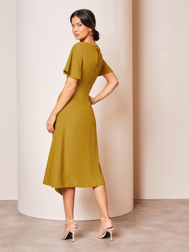 Lipsy Green Tall Ruched Asymmetricalmetrical Flutter Sleeve Midi Dress - Image 2 of 4