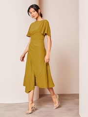 Lipsy Green Tall Ruched Asymmetricalmetrical Flutter Sleeve Midi Dress - Image 3 of 4