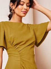 Lipsy Green Tall Ruched Asymmetricalmetrical Flutter Sleeve Midi Dress - Image 4 of 4