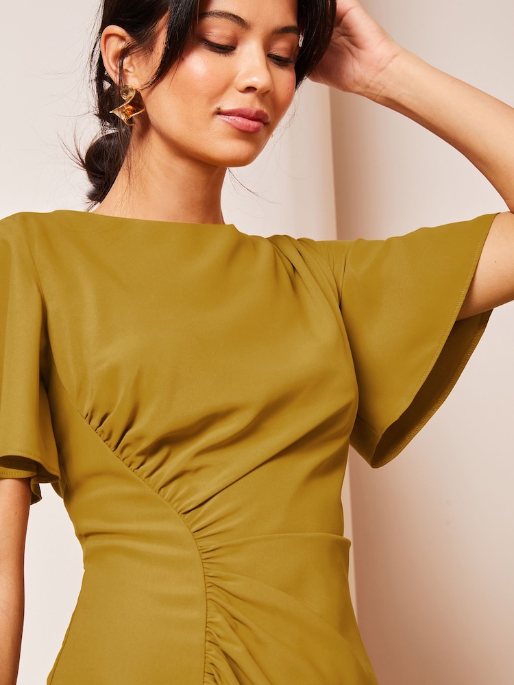 Lipsy Green Tall Ruched Asymmetricalmetrical Flutter Sleeve Midi Dress - Image 4 of 4