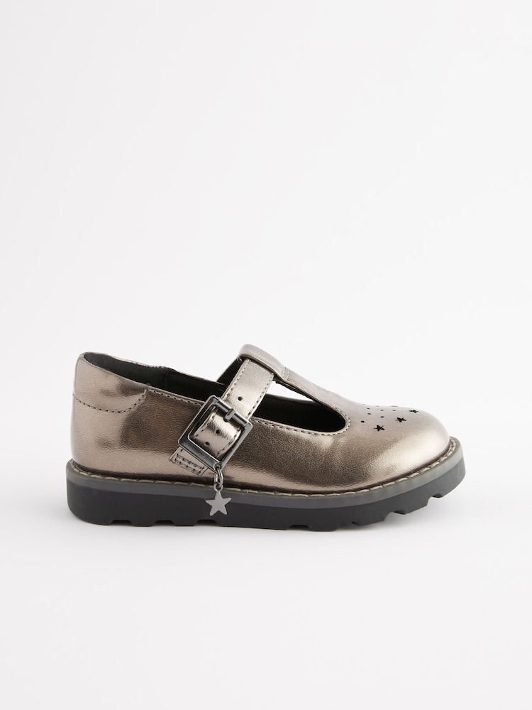 Pewter Grey Standard Fit (F) T-Bar Adjustable Buckle Shoes - Image 2 of 6