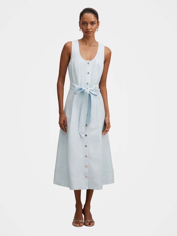 Forever New Blue Priscilla Petite Button Down Contains Linen Midi Dress - Image 1 of 4 Forever New Blue Priscilla Petite Button Down Contains Linen Midi Dress - Image 1 of 4