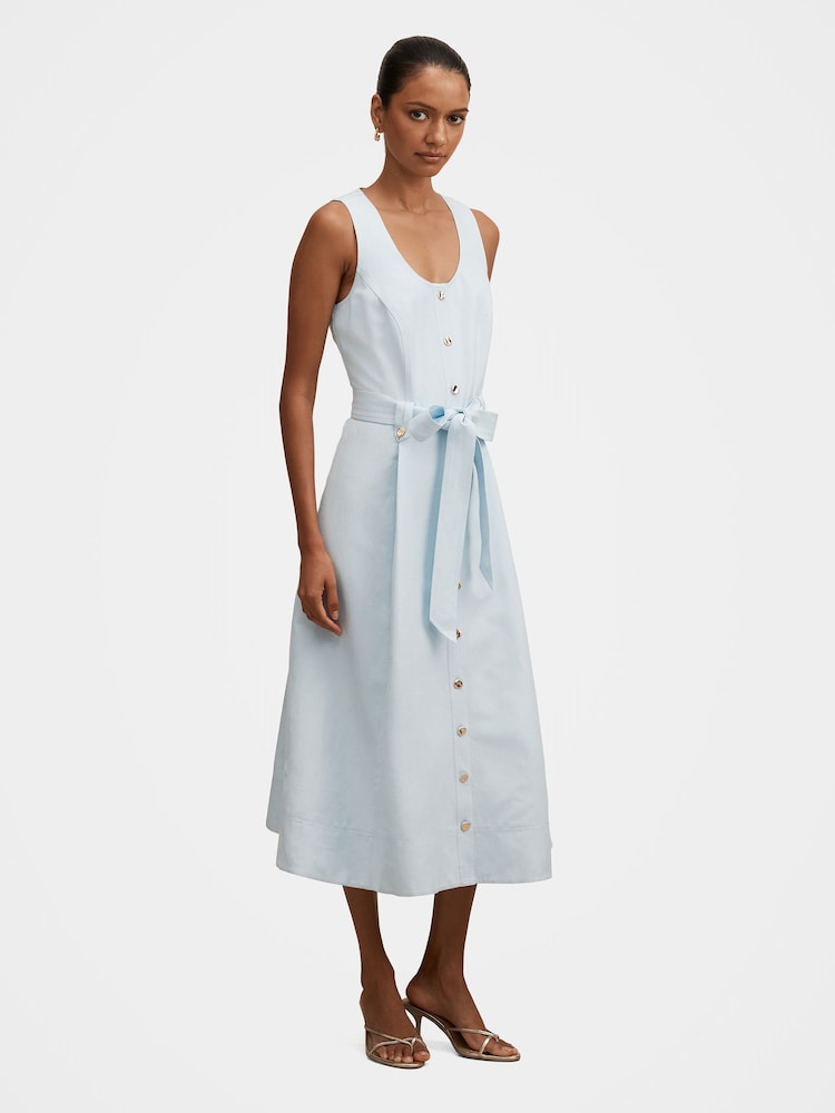 Forever New Blue Priscilla Petite Button Down Contains Linen Midi Dress - Image 2 of 4 Forever New Blue Priscilla Petite Button Down Contains Linen Midi Dress - Image 2 of 4