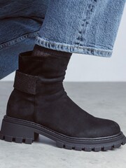 Moda in Pelle Arilen Black Cleated Ankle Boots With Glitz Ruched Counter Band - Image 1 of 4