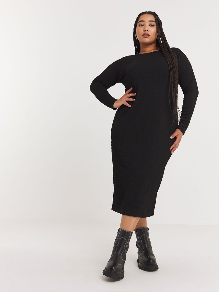Simply Be Black Textured Long Sleeve Dress - Image 1 of 4