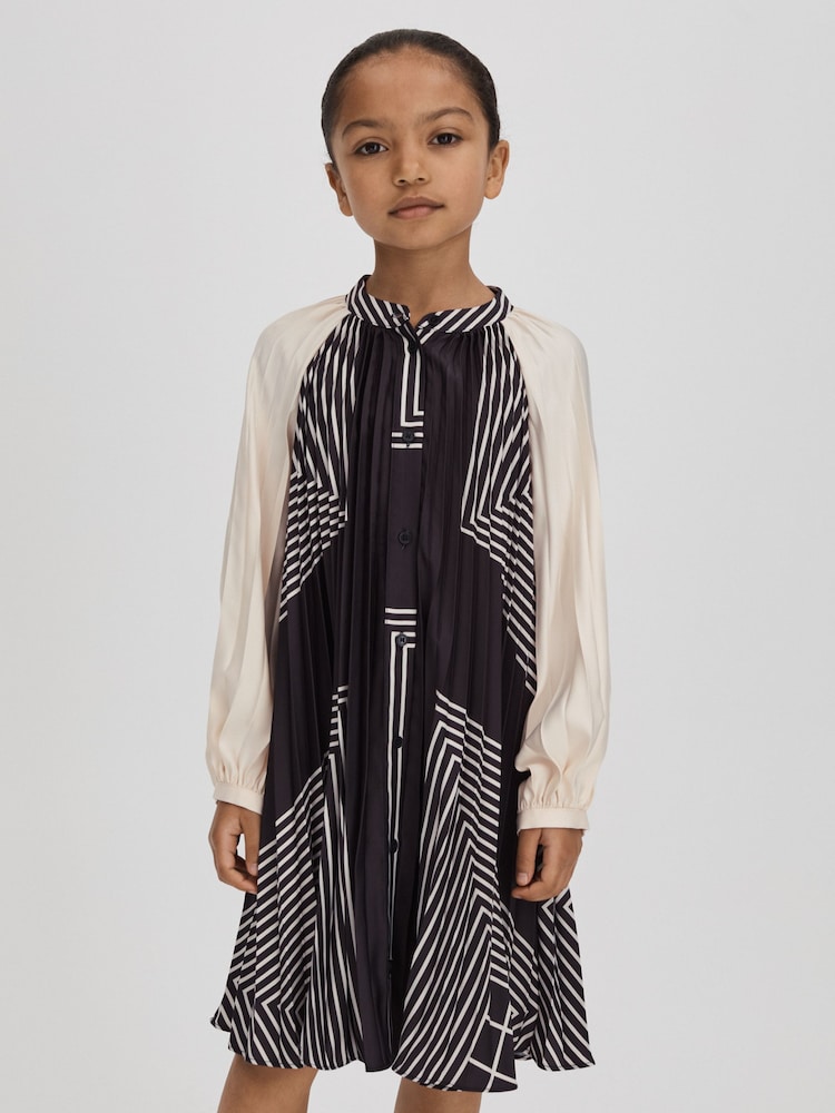 Reiss Navy Bay Teen Printed Pleated Dress - Image 1 of 6