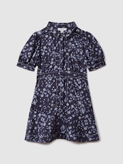 Reiss Navy Print Joanne 13-14 yrs Printed Puff Sleeve Dress - Image 1 of 6